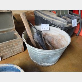 Galvanized bucket with ball peen hammer and other tool items