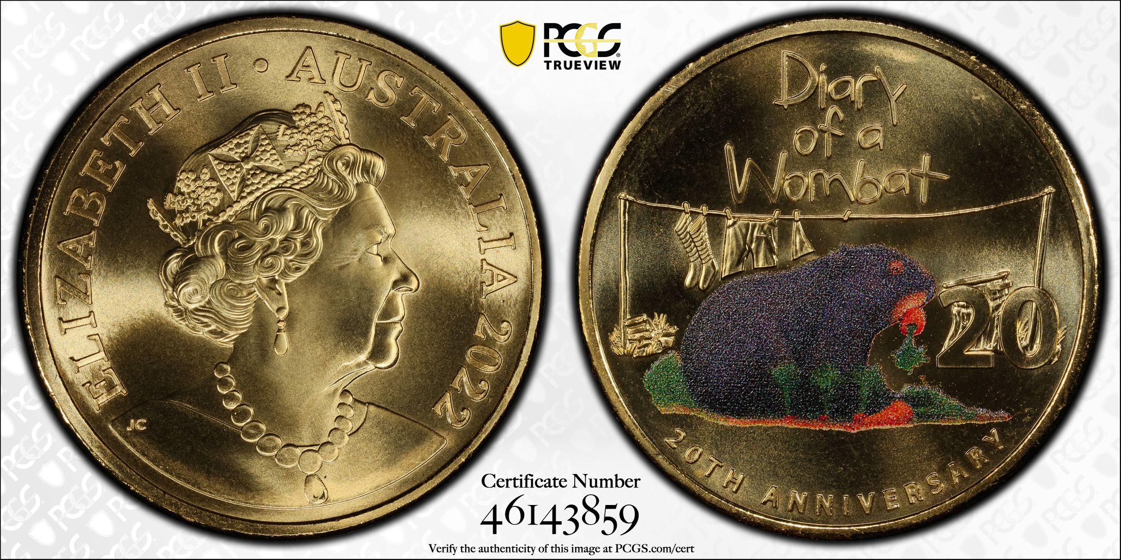 Diary of a Wombat Gold Plate, Twenty Cent, 2022, PCGS MS69