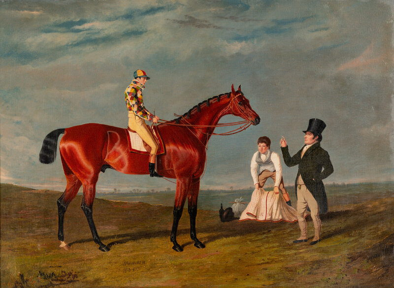 John Frederick Herring the Elder
(British, 1795-1865)
Memnon, a Bright Bay, William Scott up, Wearing the Harlequin Colors of Lord Darlington, 1826