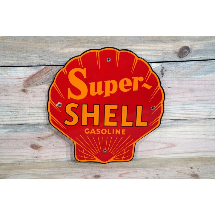 Super-Shell Gasoline Single Sided Porcelain Clam Shaped Pump Sign TAC 9C