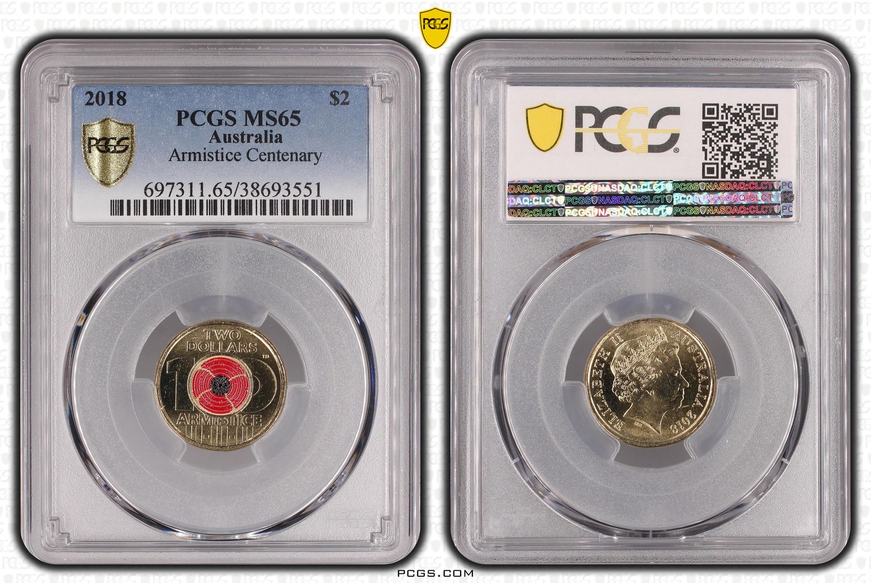 Armistice Centenary Colorized, Two Dollar, 2018, PCGS MS65