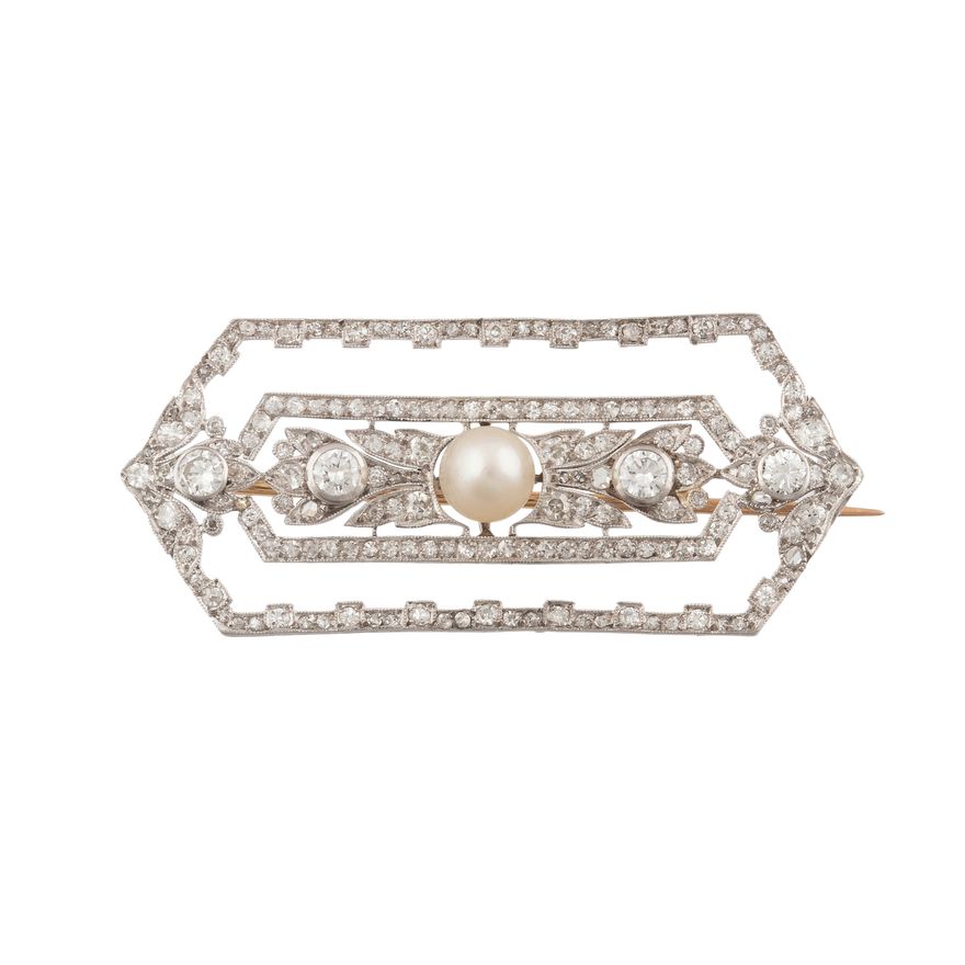 Broszka z perłą i diamentami, art déco, l. 1920–1930