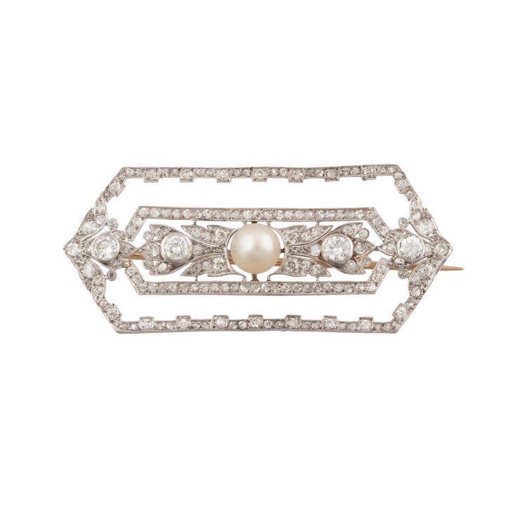 Broszka z perłą i diamentami, art déco, l. 1920–1930