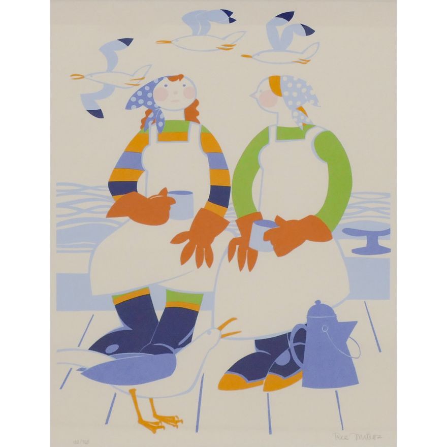 Rie Munoz ''Coffee Break'' 1994 Signed Serigraph. Framed 20.75'' x 24.5''