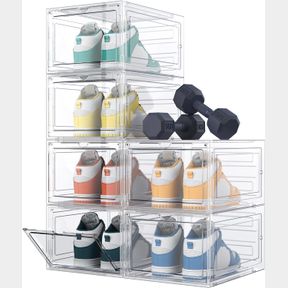 LARGE HOMIDEC TRANSPARENT PLASTIC SHOE BOXES, 6 PACK CLEAR PLASTIC STACKABLE SHOE ORGANIZER, MAGNETIC DOOR, SIZE 12, TRANSPARENT