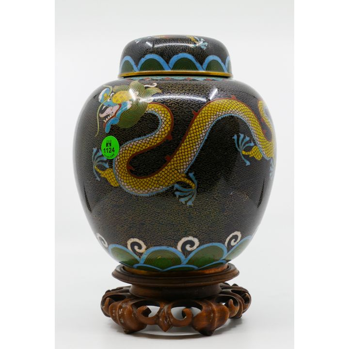 Old Chinese Cloisonne Dragon Ginger Jar on Stand 11''