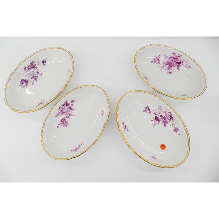 4pc Meissen Pink Flower Porcelain Oval Serving Bowls- 11"
