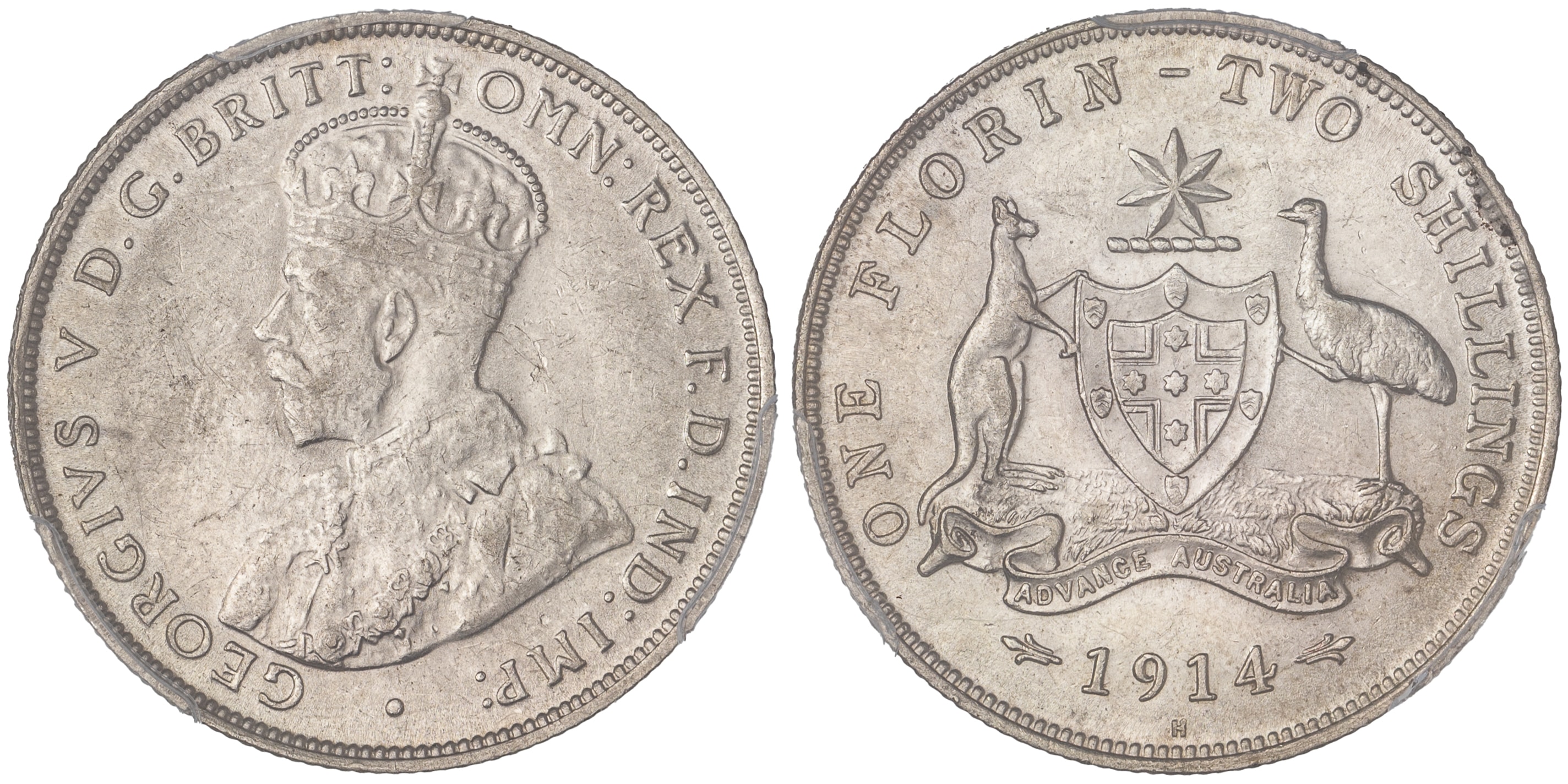 George V, Florin, 1914-H, PCGS AU 55