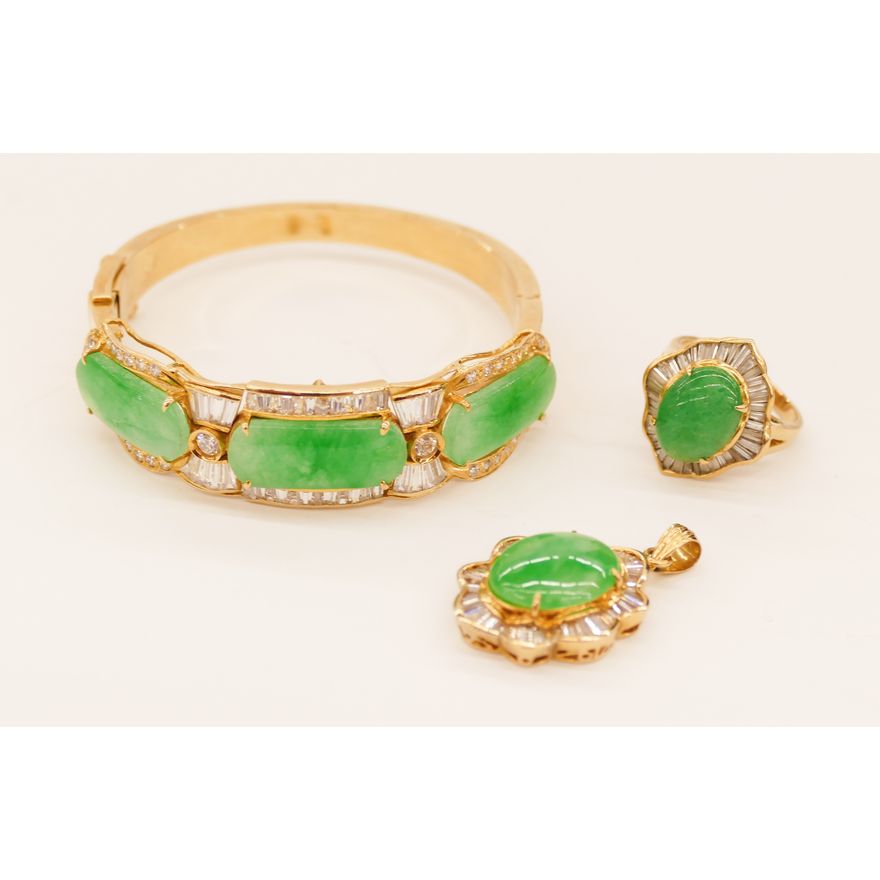 3pc Chinese 18k Jadeite and Diamond Jewelry Suite