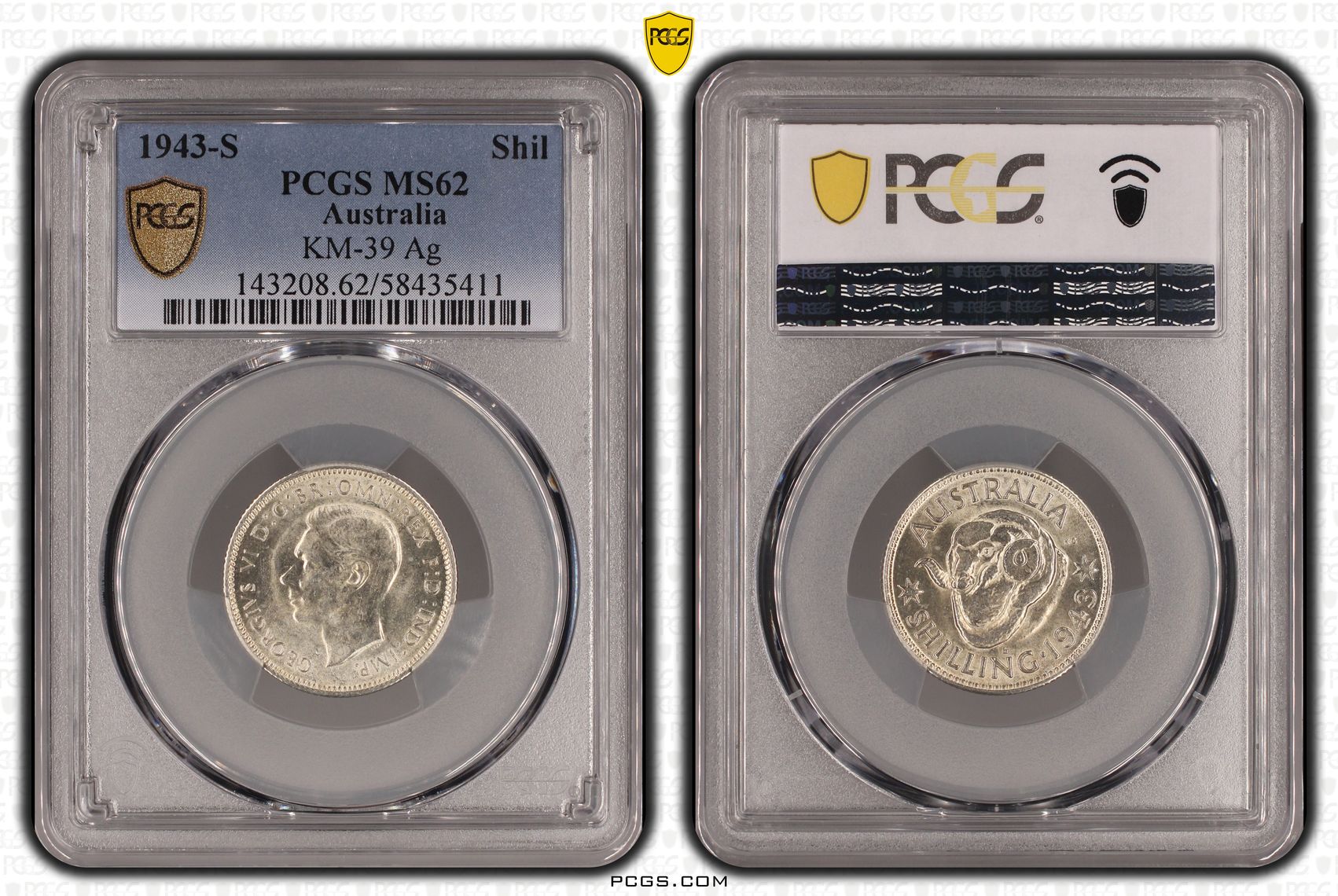 KM-39 Silver, Shilling, 1943-S, PCGS MS62