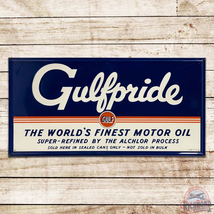 1948 Gulfpride The World's Finest Motor Oil Emb. Single Sided Tin Sign w/ Logo