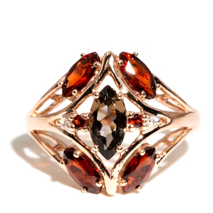 9ct Rose Gold Garnet, Smokey Quartz & Diamond Ring,