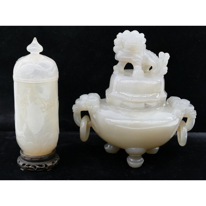 2pc Chinese Agate Censer and Covered Jar
