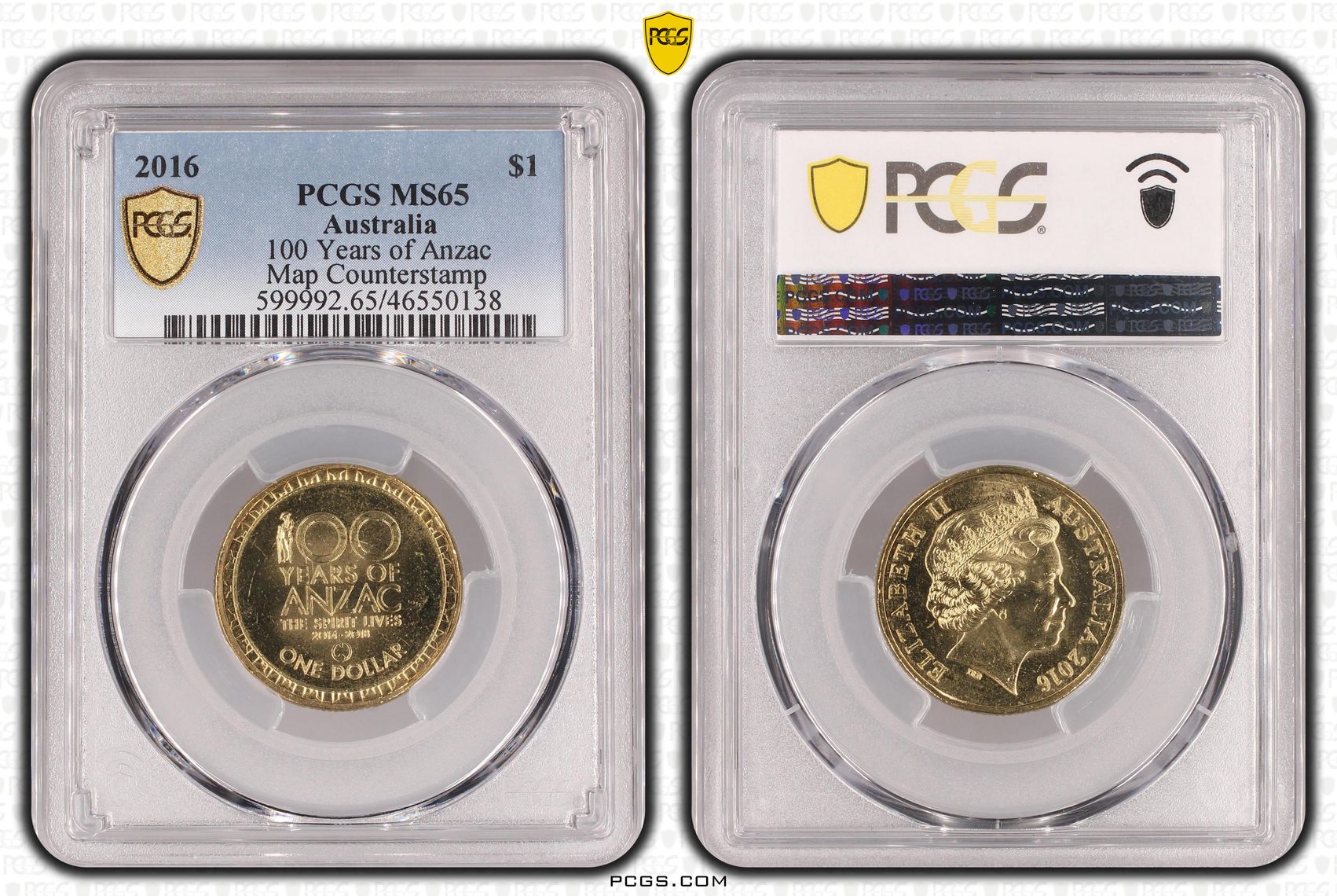 100 Years of Anzac, Map Counterstamp, One Dollar, 2016, PCGS MS 65