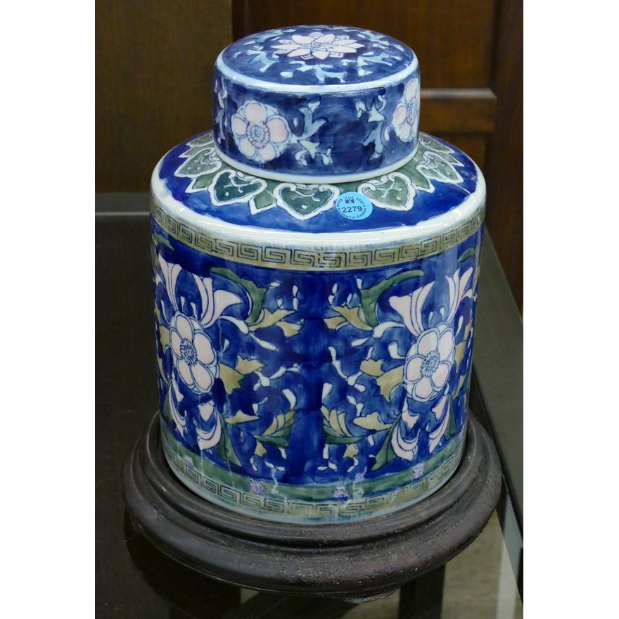 Chinese Decorative Floral Porcelain Jar on Stand 11''