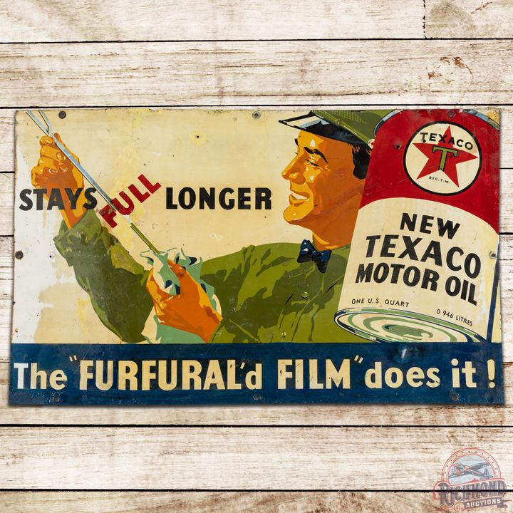 Texaco "Furfural'd Film" New Motor Oil SS Tin Sign w/ Attendant