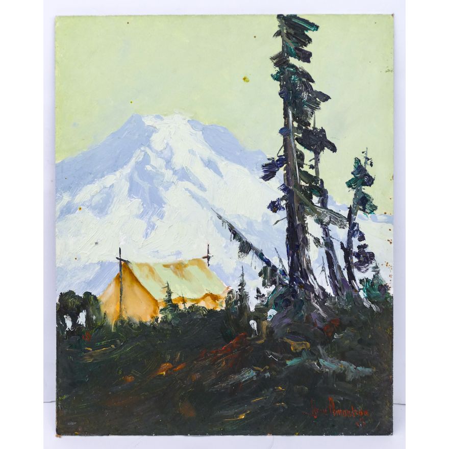 Gene Amondson ''Tent under Rainier'' 1990 Oil on Masonite 20''x16''