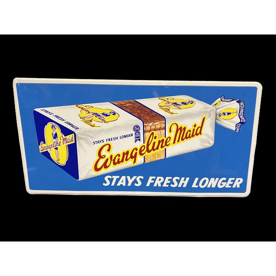 Large NOS Evangeline Maid Bread Stays Fresh Longer Tin Metal Sign