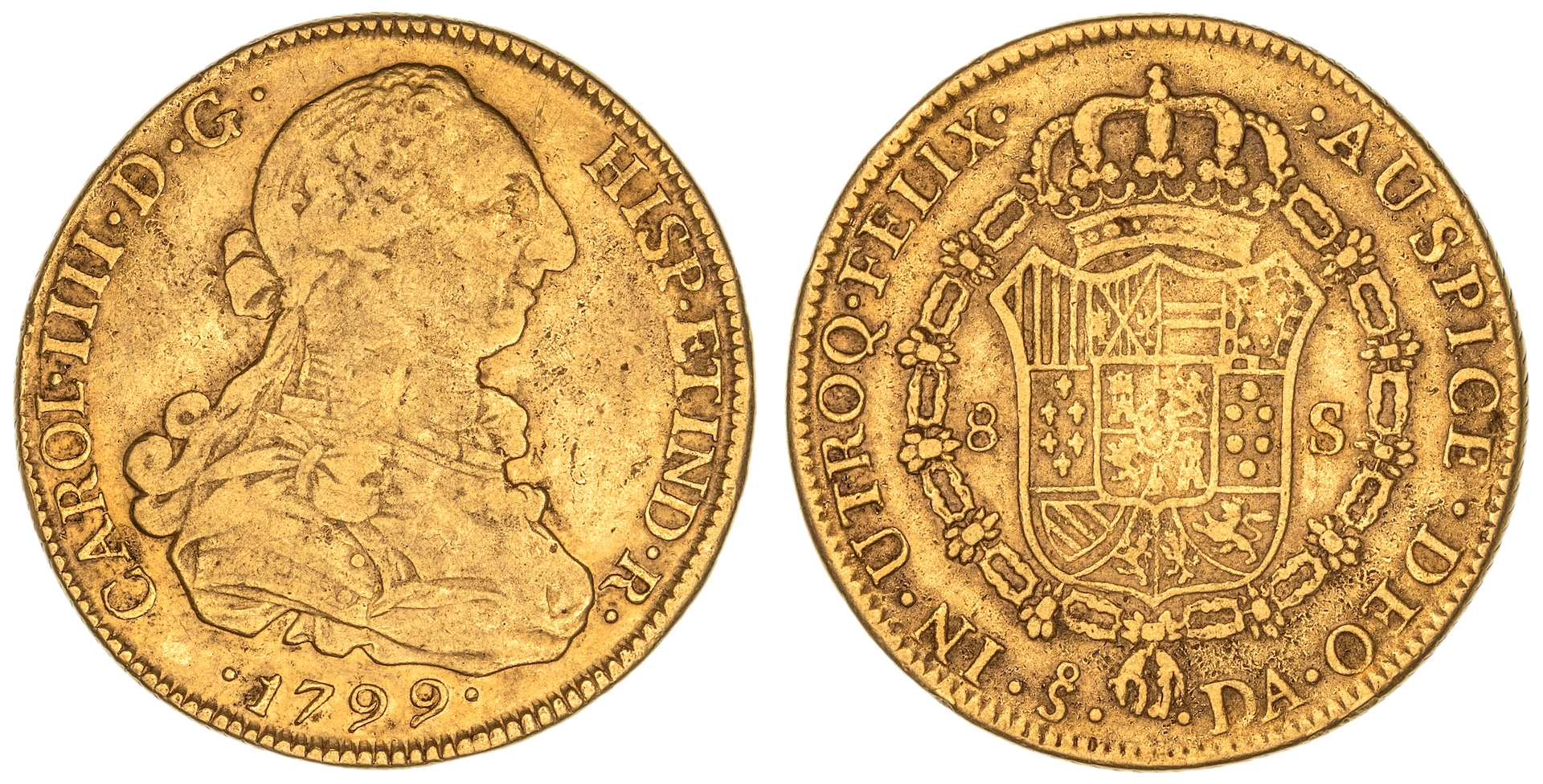 Chile, Charles IV, Eight Escudos, 1799-DA, gFine