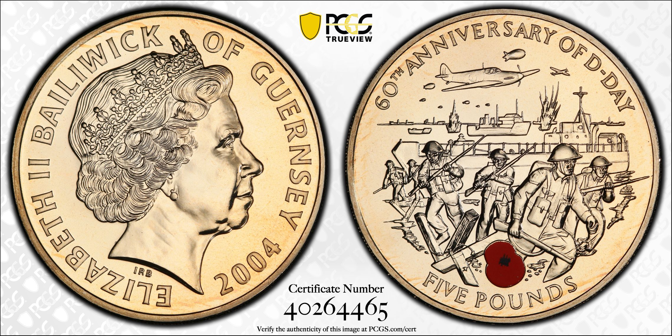 232 · Guernsey, D-Day 60th Anniversary British Troops Storming Ashore, POP 2/0, Five Pounds, 2004, PCGS MS69