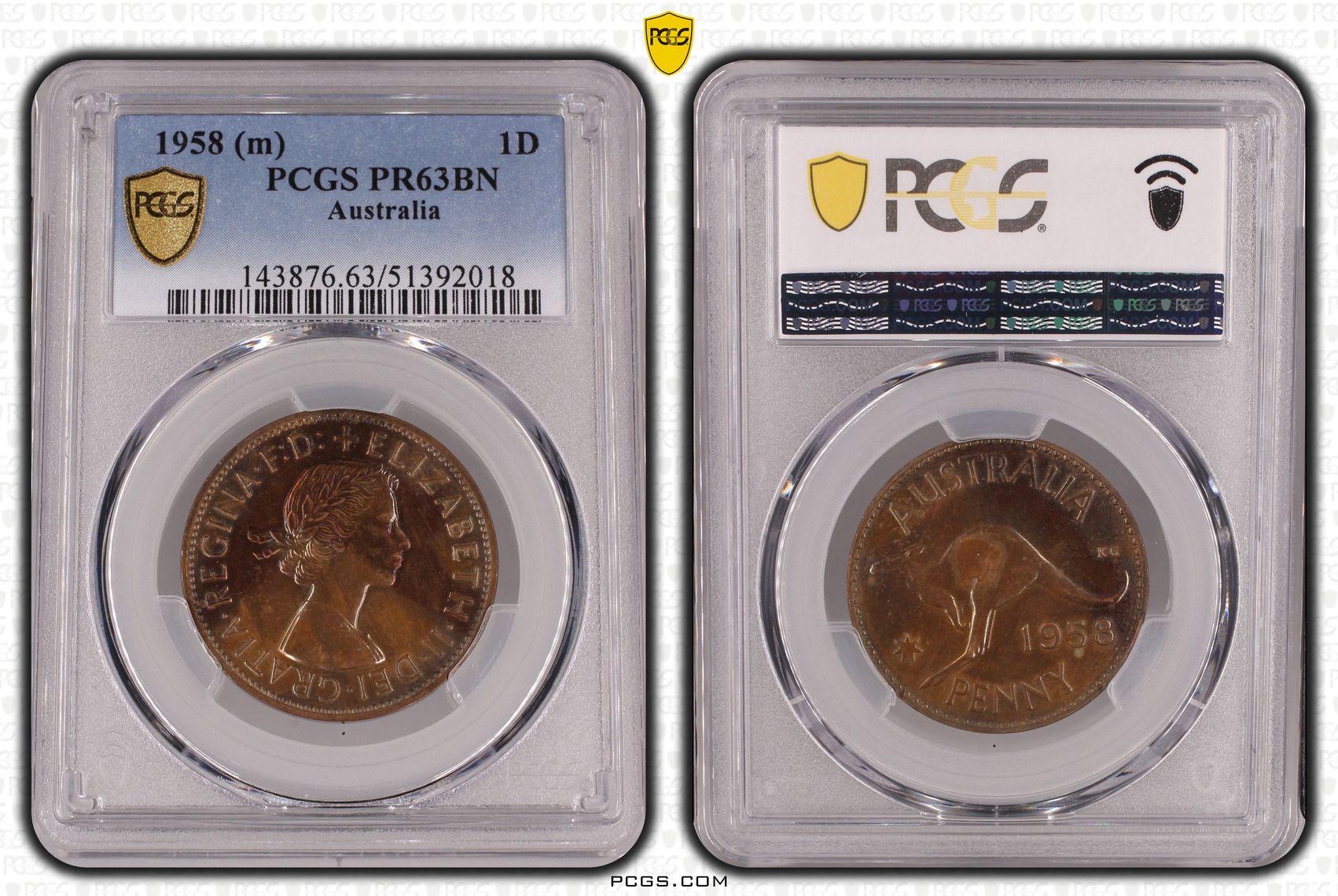 One Penny, 1958, PCGS PR63BN