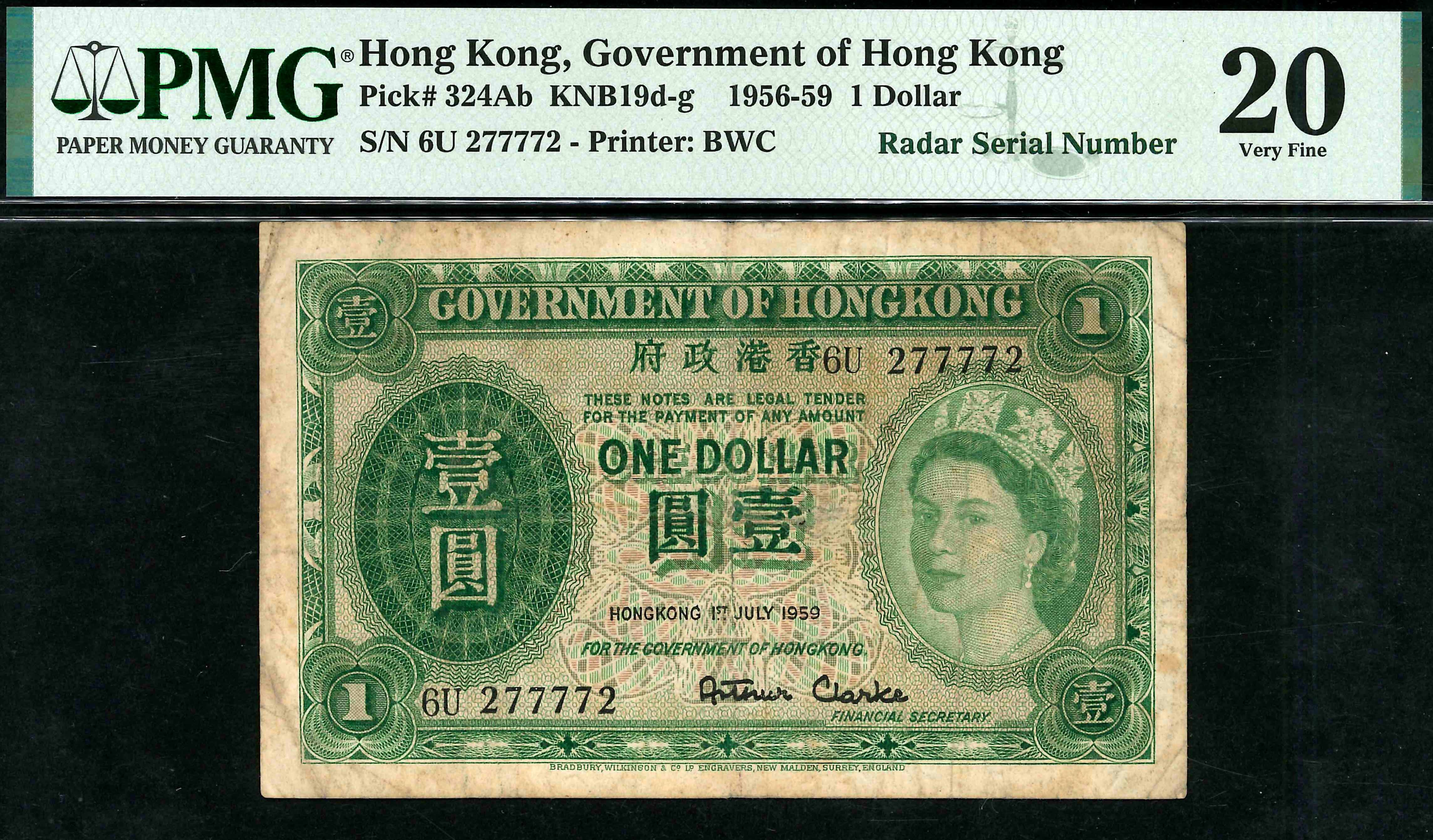 Hong Kong, 1958, 1 Dollar, P-324Ab, S/N. 6U 277772, Radar S/N 