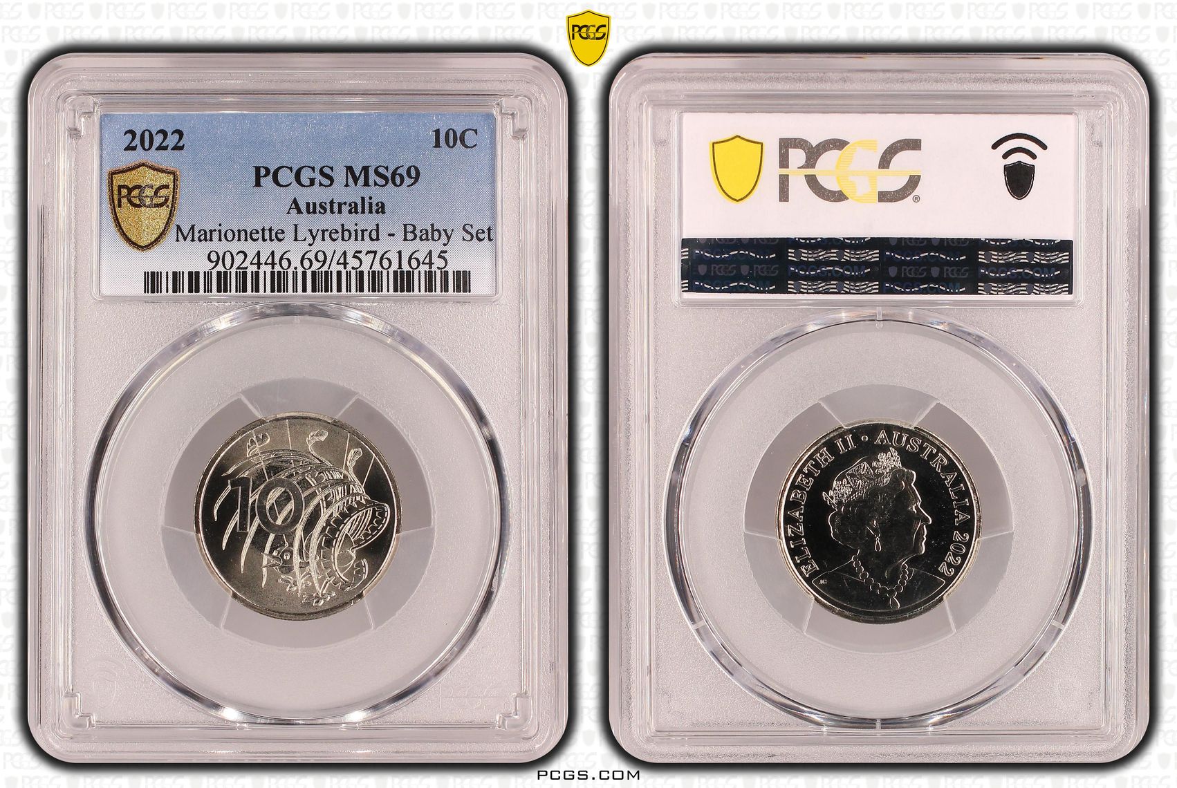 Elizabeth II, Marionette Lyrebird - Baby Set, Ten Cent, 2022, PCGS MS 69