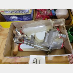 Glass rolling pin, meat grinder and brass faucet