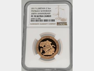 2017 'PISTRUCCI SOVEREIGN 200TH ANNIVERSARY' PROOF 2 POUND COIN PF70 UCAM TOP POP!