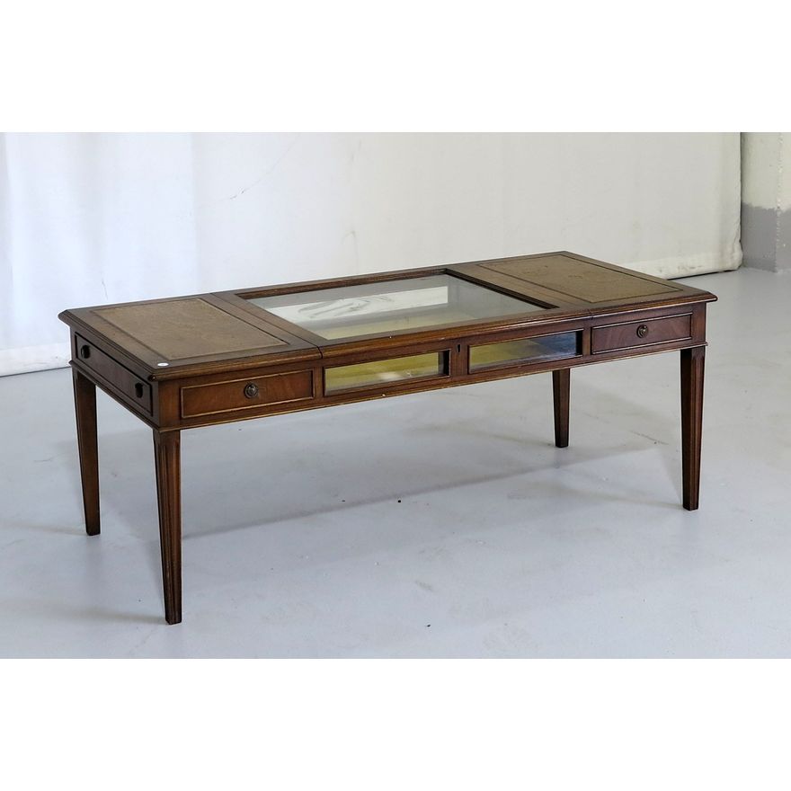 LEATHER INLAID MAHOGANY TWO-DRAWER VITRINE TOP COFFEE TABLE