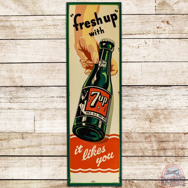 1951 "Fresh Up" with 7up It Likes You SS Tin Sign w/ Bottle & Hand