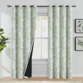 FMFUNCTEX 100% BLACKOUT FLORAL CURTAINS FOR BEDROOM, SAGE GREEN FLORAL PATTERNED CURTAINS 96 INCHES LONG LIVING ROOM DARKENING THE