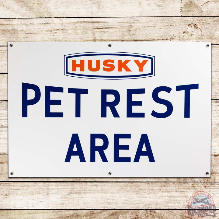 Excellent NOS Husky Service Station Pet Rest Area Single Sided Porcelain Sign w/ Logo