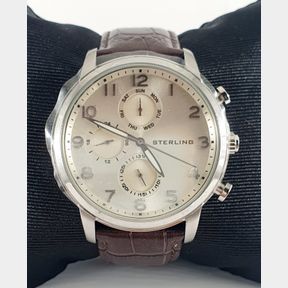 MENS STERLING WATCH HOUR. DAY & DATE FUNCTIONS BROWN LEATHER STRAP - EXCELLENT CONDITION NO BOX - 51929/3352