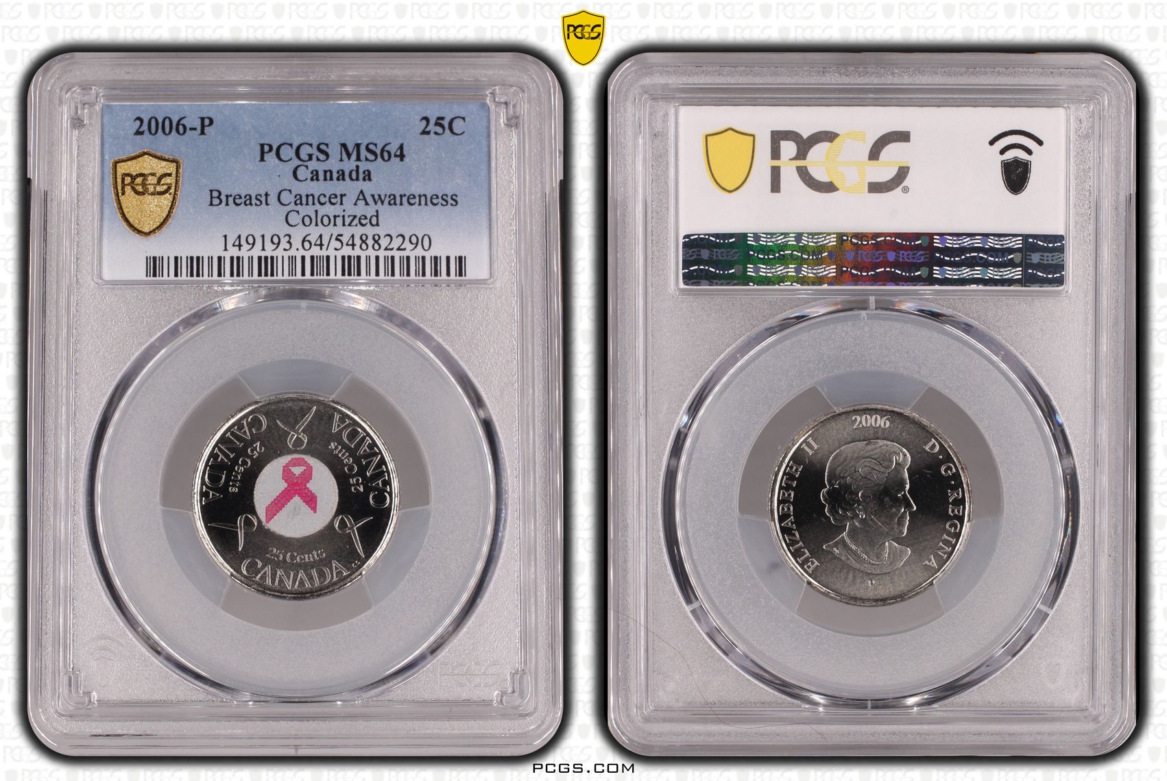 Canada, Breast Cancer Awareness Colorized, Twenty Five Cent, 2006-P, PCGS MS64