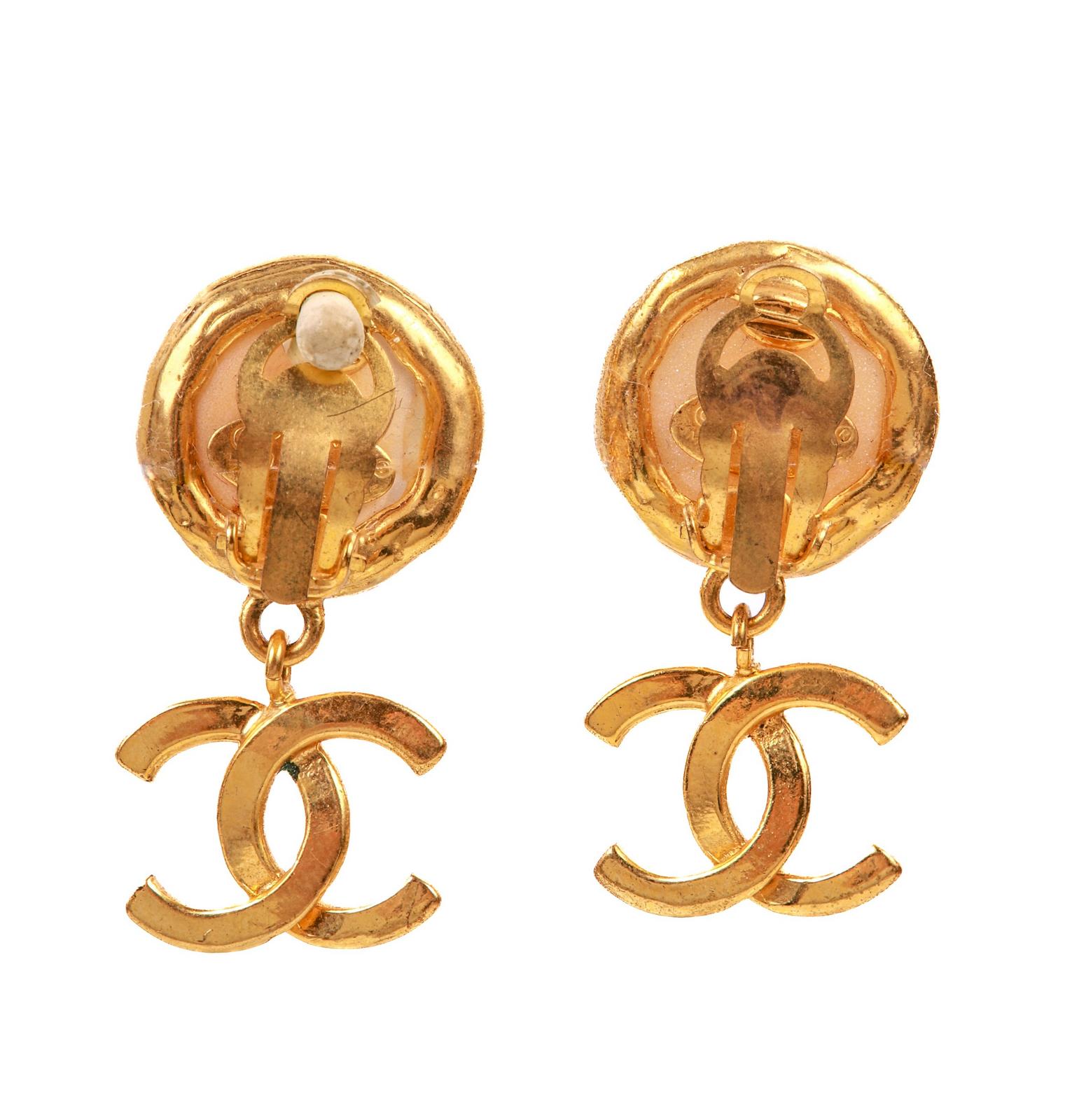 Chanel Vintage Gold Plated CC Black Round Pearl Dangle Clip on Earrings