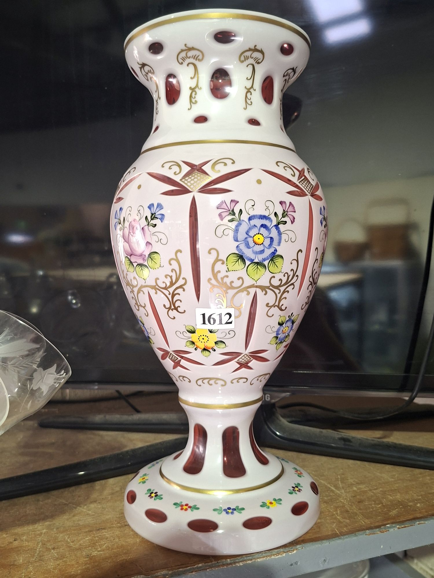 Bohemian Cranberry And Mik Glass Vase