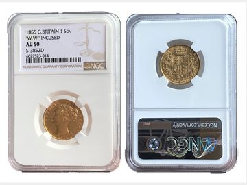1855 VICTORIA SHIELD SOVEREIGN W.W INCUSED AU50 NGC