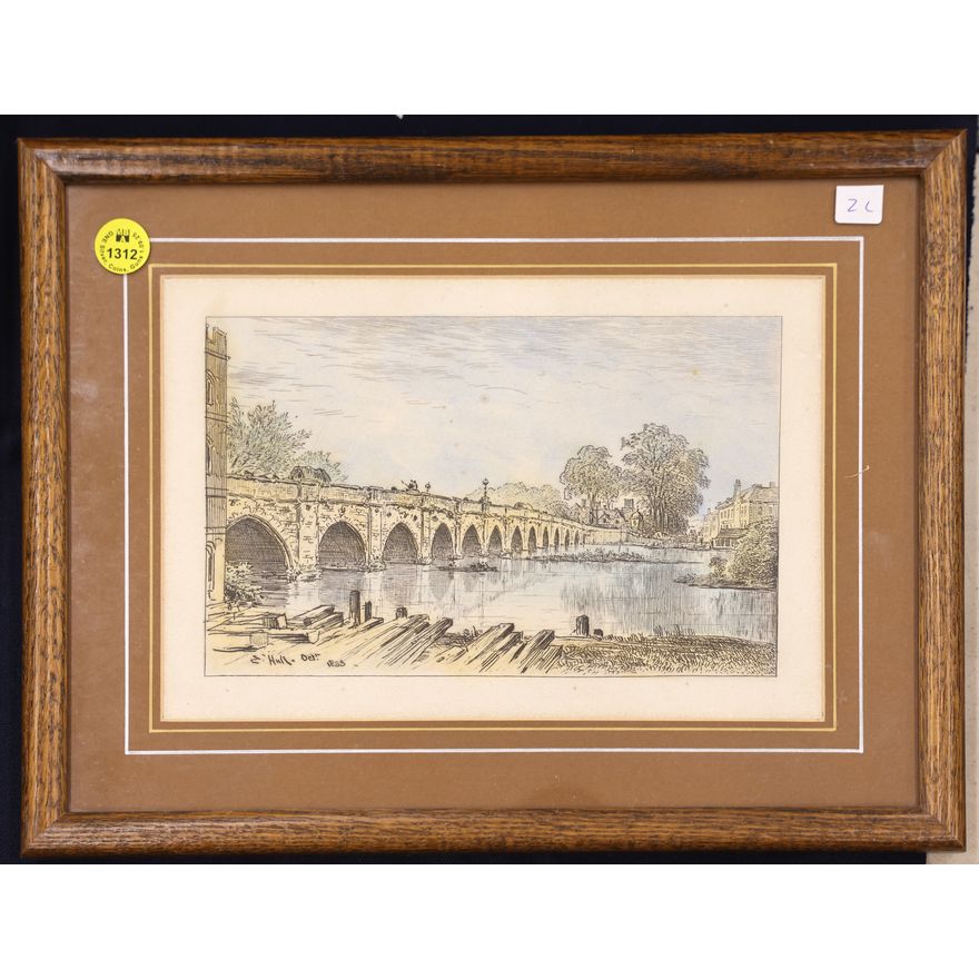 Antique Hull Tinted Bridge Engraving Framed 10''x13''