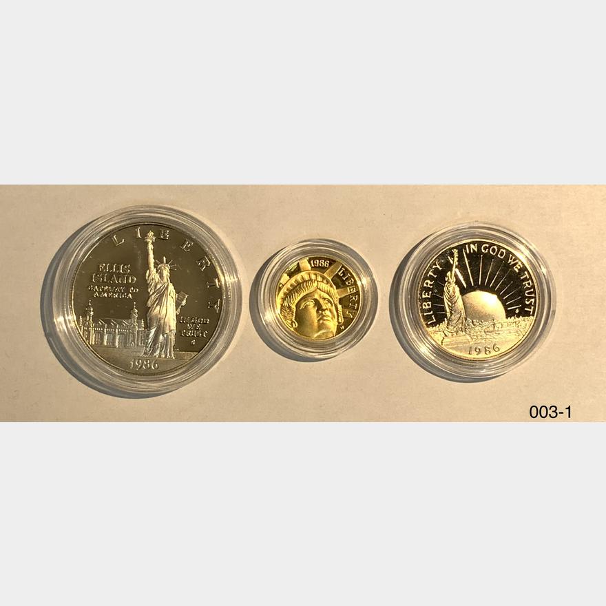 アメリカ-U.S.A. 自由の女神100周年記念 金・銀・白銅貨3種揃プルーフ 