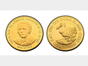 1988 MAURITIUS DODO 1OZ GOLD 1000 RS COIN