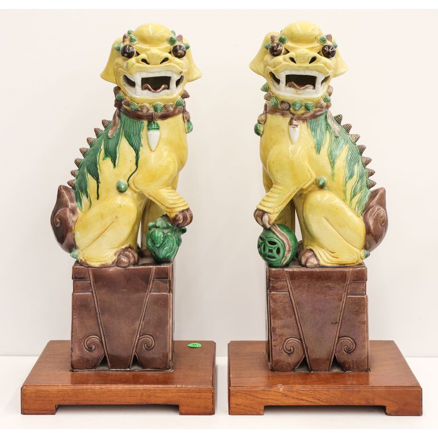 Pair Chinese Large Porcelain Foo Lions on Stands