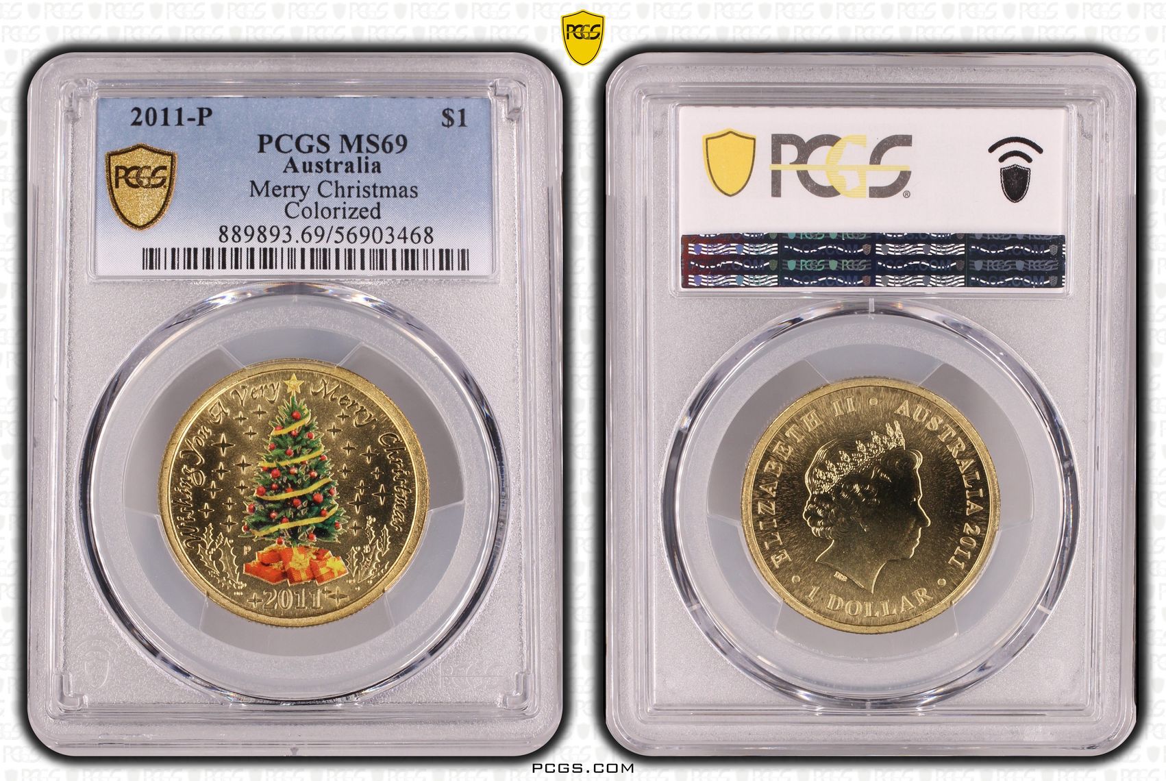 368 · Merry Christmas Colourised, POP 16/0, One Dollar, 2011-P, PCGS MS69