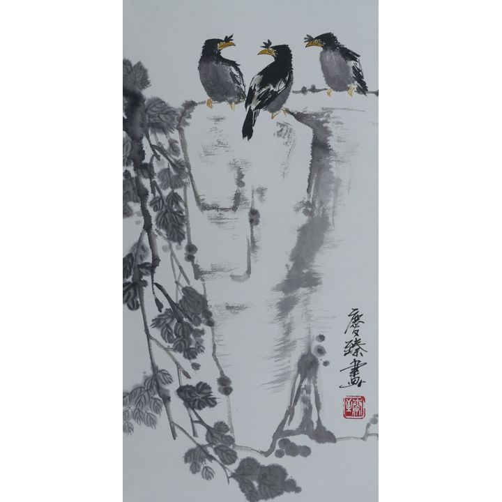 Qinzhen Mo (Chinese) Three Black Birds Scroll Painting 27''x13.5''