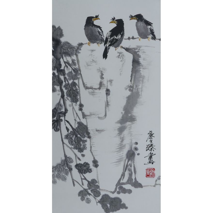 Qinzhen Mo (Chinese) Three Black Birds Scroll Painting 27''x13.5''