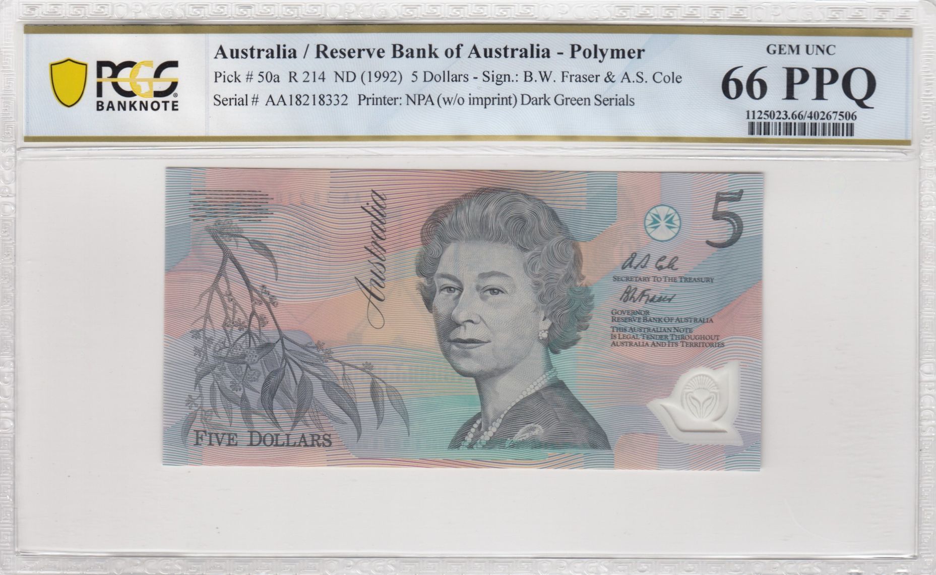 1992 Australia $5 Banknote Fraser/Cole Dark Green Gem UNC 66 PPQ PCGS