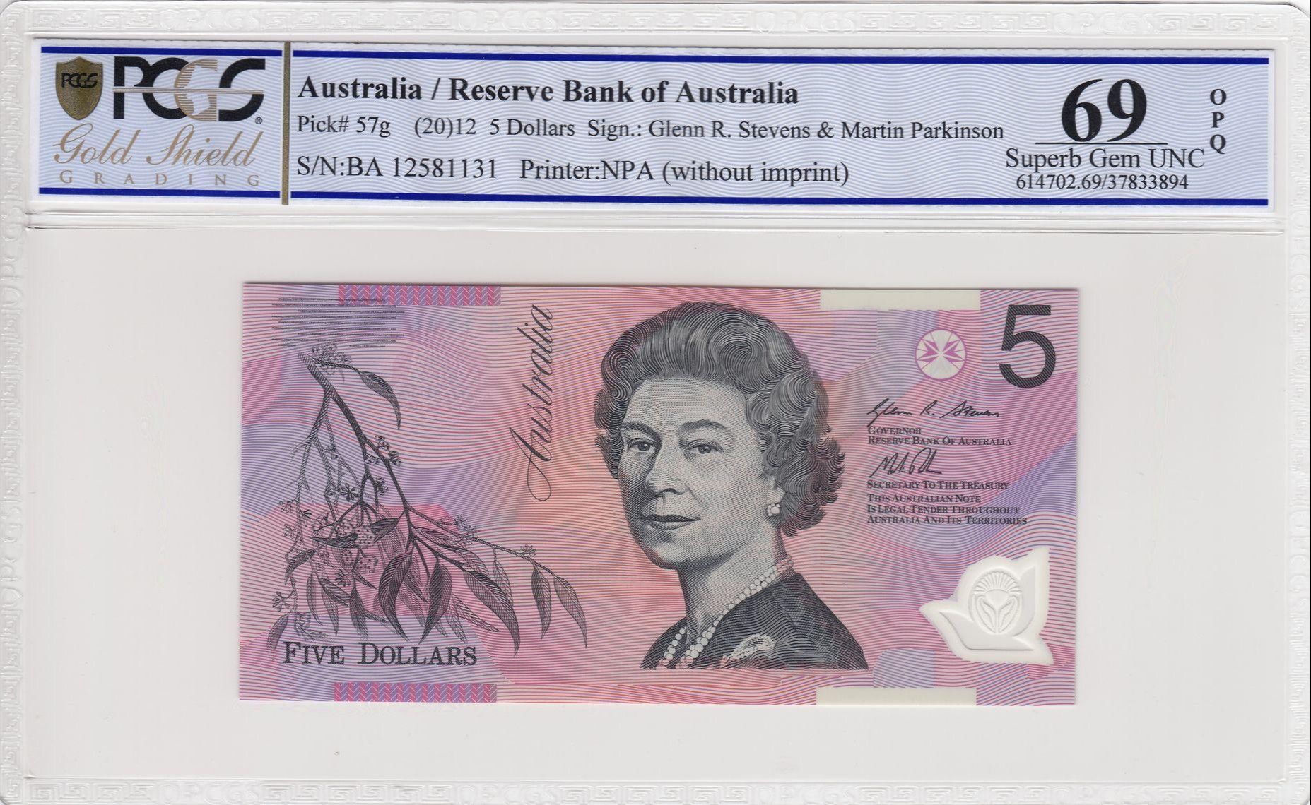 147 · RBA, Polymer, NPA (w/o imprint), Sign.: G.R. Stevens & M. Parkinson, Five Dollar, 2012, PCGS - Superb Gem UNC 69 PPQ