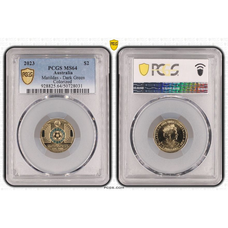 Matildas - Dark Green Colorized, Two Dollar, 2023, PCGS MS64