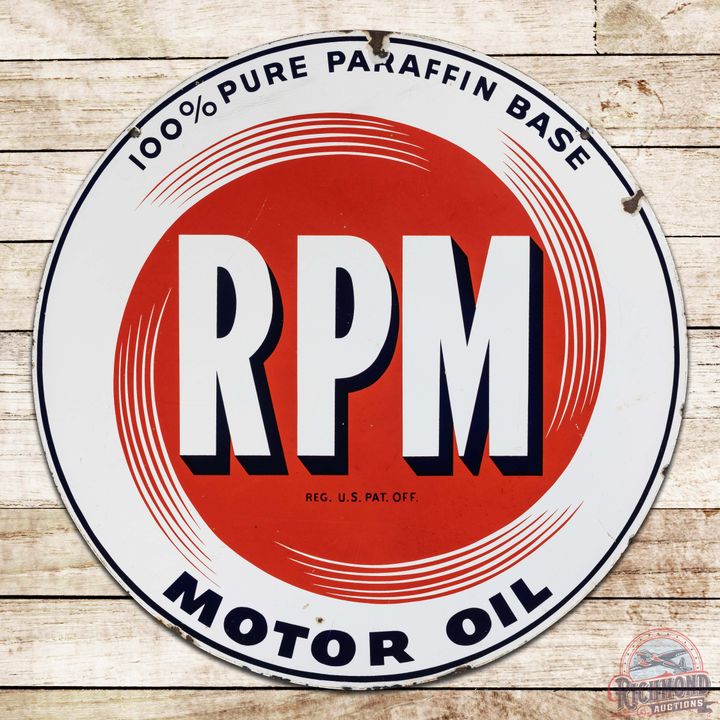 RPM 100% Pure Paraffin Base Motor Oil 28" Double Sided Porcelain Sign