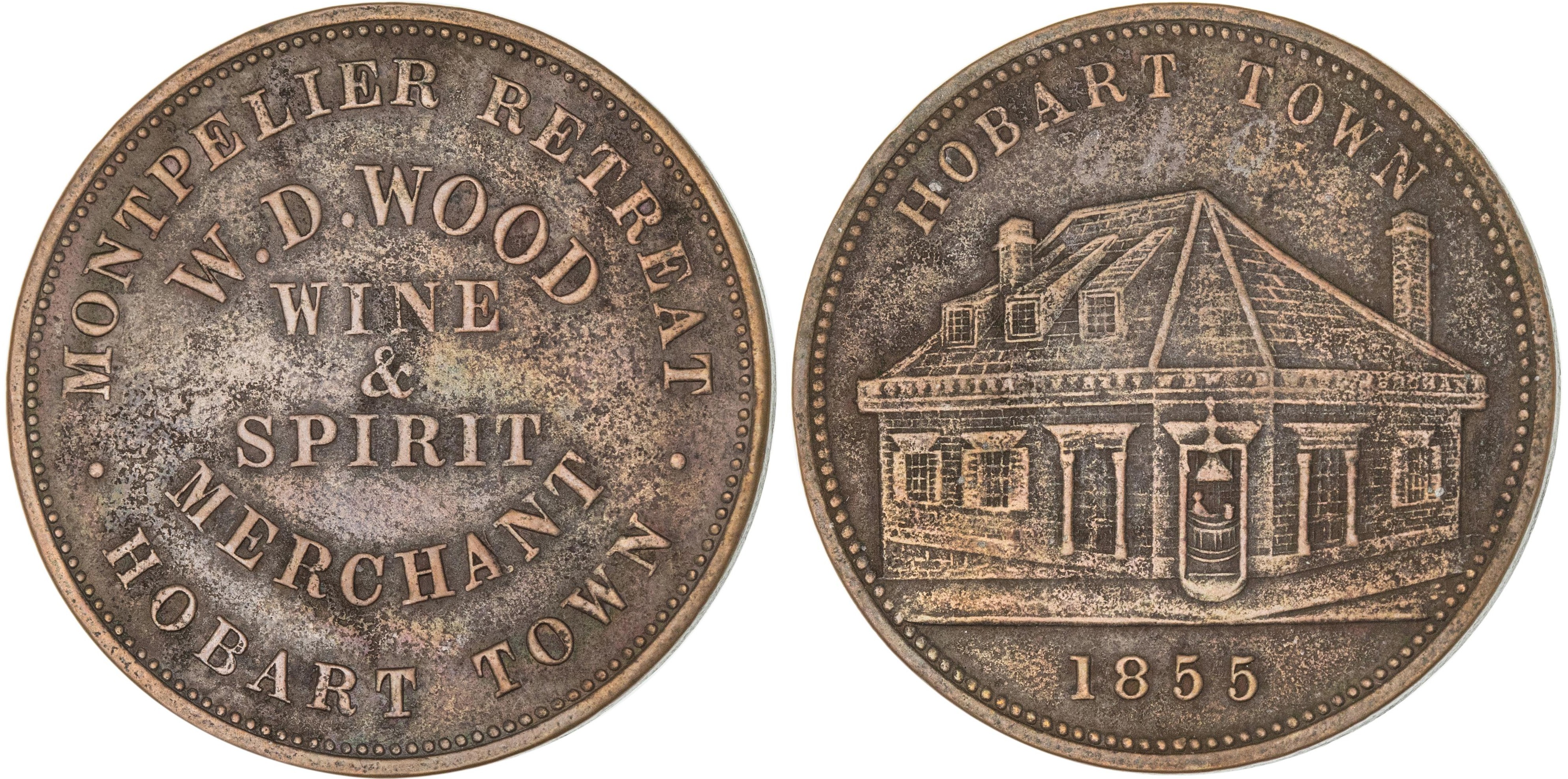 Hobart Town, Tasmania, W. D. Wood, Penny, 1855, gVF
